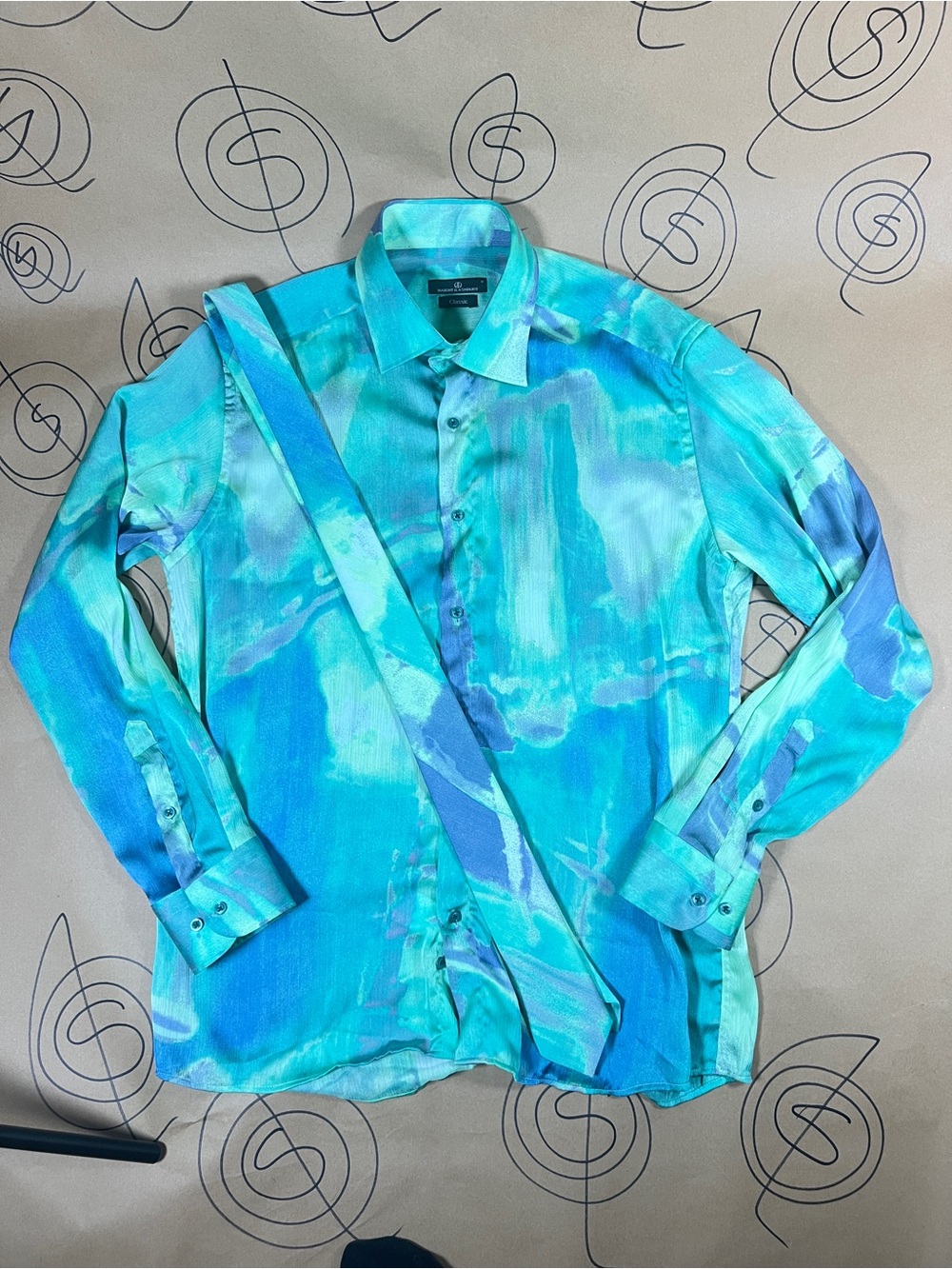 Men's Aqua Blue Abstract Print Button-Up Shirt by Unknown Brand